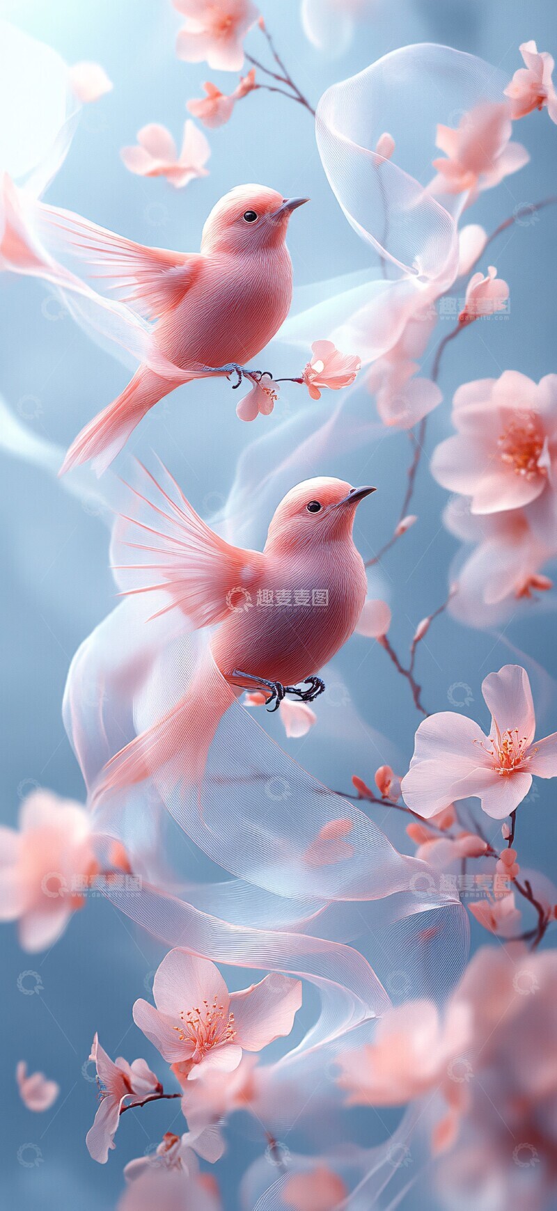 高清大图下载【趣麦麦图】蓝粉白飘带小鸟