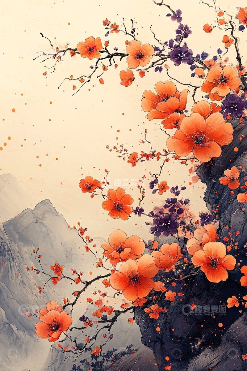 高清大图下载【趣麦麦图】紫橙花韵角落空白中式2