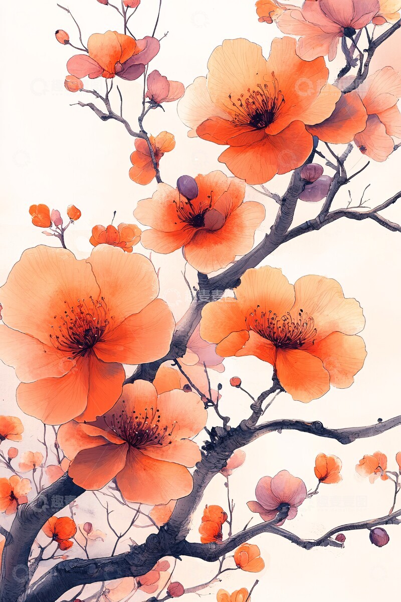 高清大图下载【趣麦麦图】紫橙花韵角落空白中式1