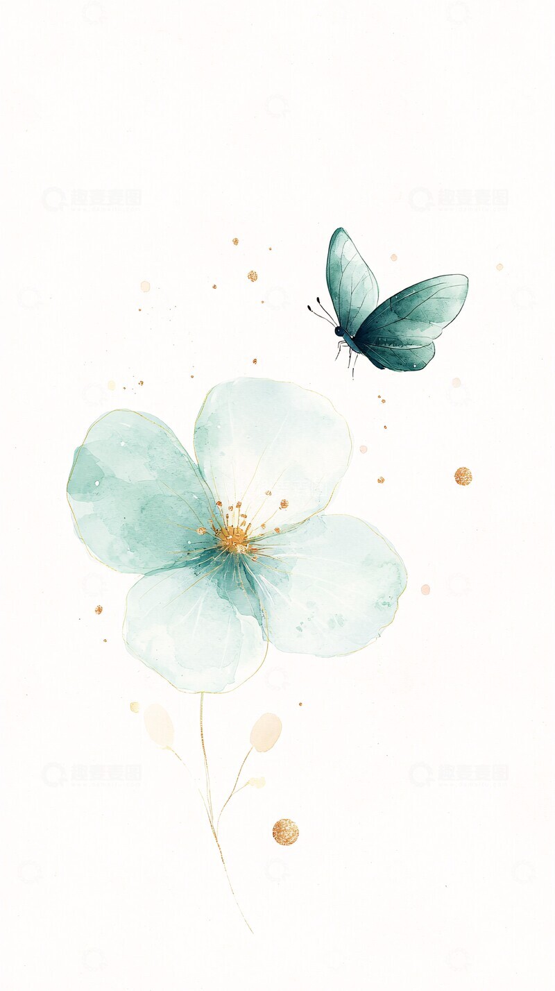 高清大图下载【趣麦麦图】青花金蕊绿蝶图