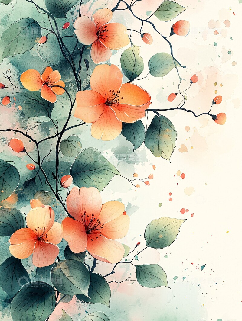 高清大图下载【趣麦麦图】水彩花叶背景图2