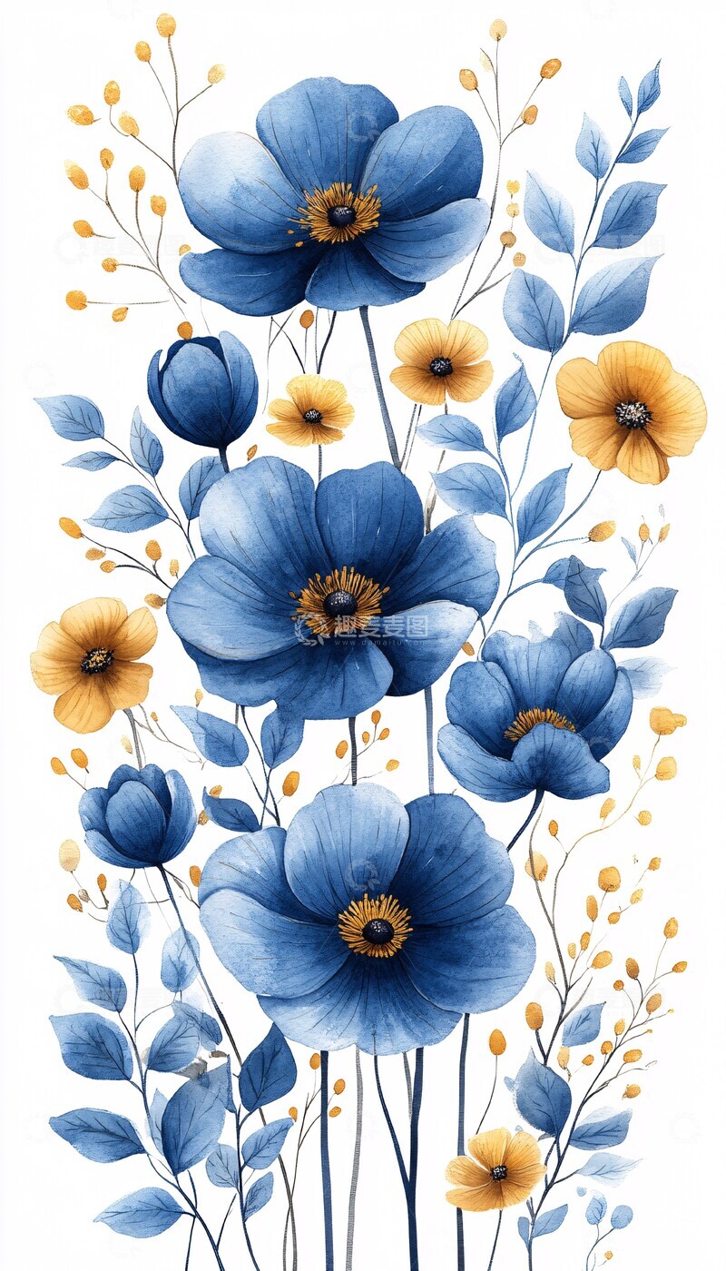 高清大图下载【趣麦麦图】蓝色花叶图案2