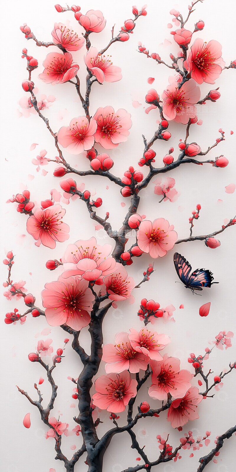 高清大图下载【趣麦麦图】樱花枝蝴蝶图案