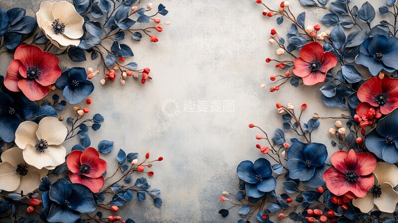 高清大图下载【趣麦麦图】海军蓝酒红花卉1