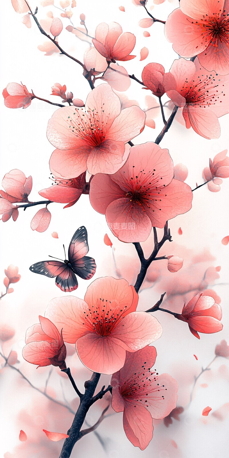 高清大图下载【趣麦麦图】樱花枝蝴蝶图案2