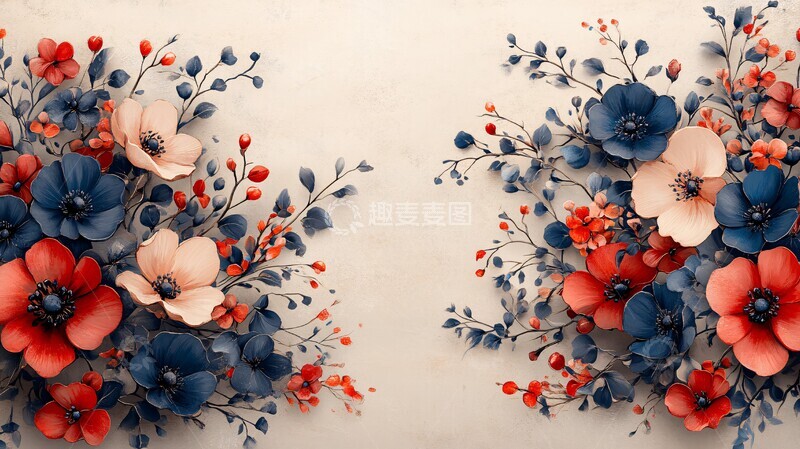 高清大图下载【趣麦麦图】海军蓝酒红花卉2