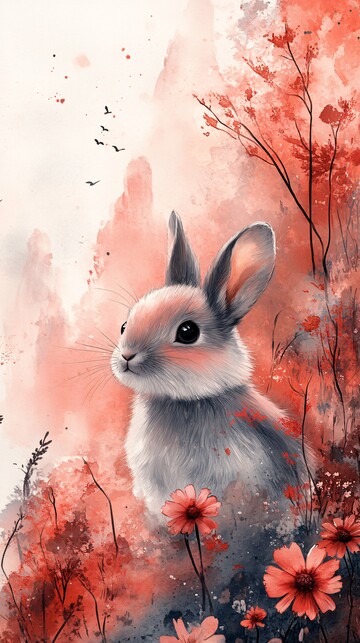 小动物与花水彩