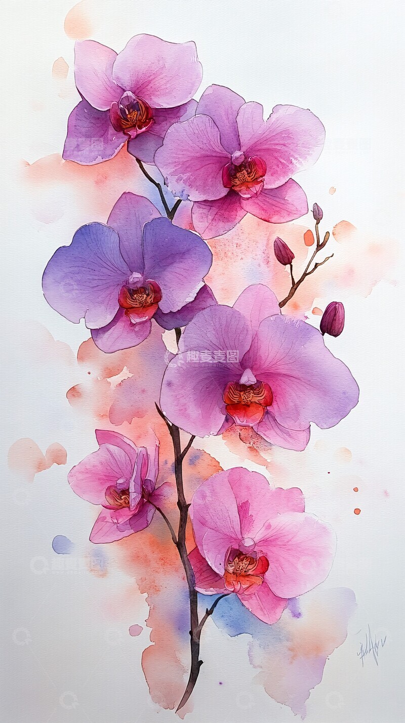 高清大图下载【趣麦麦图】粉红兰花水彩画2