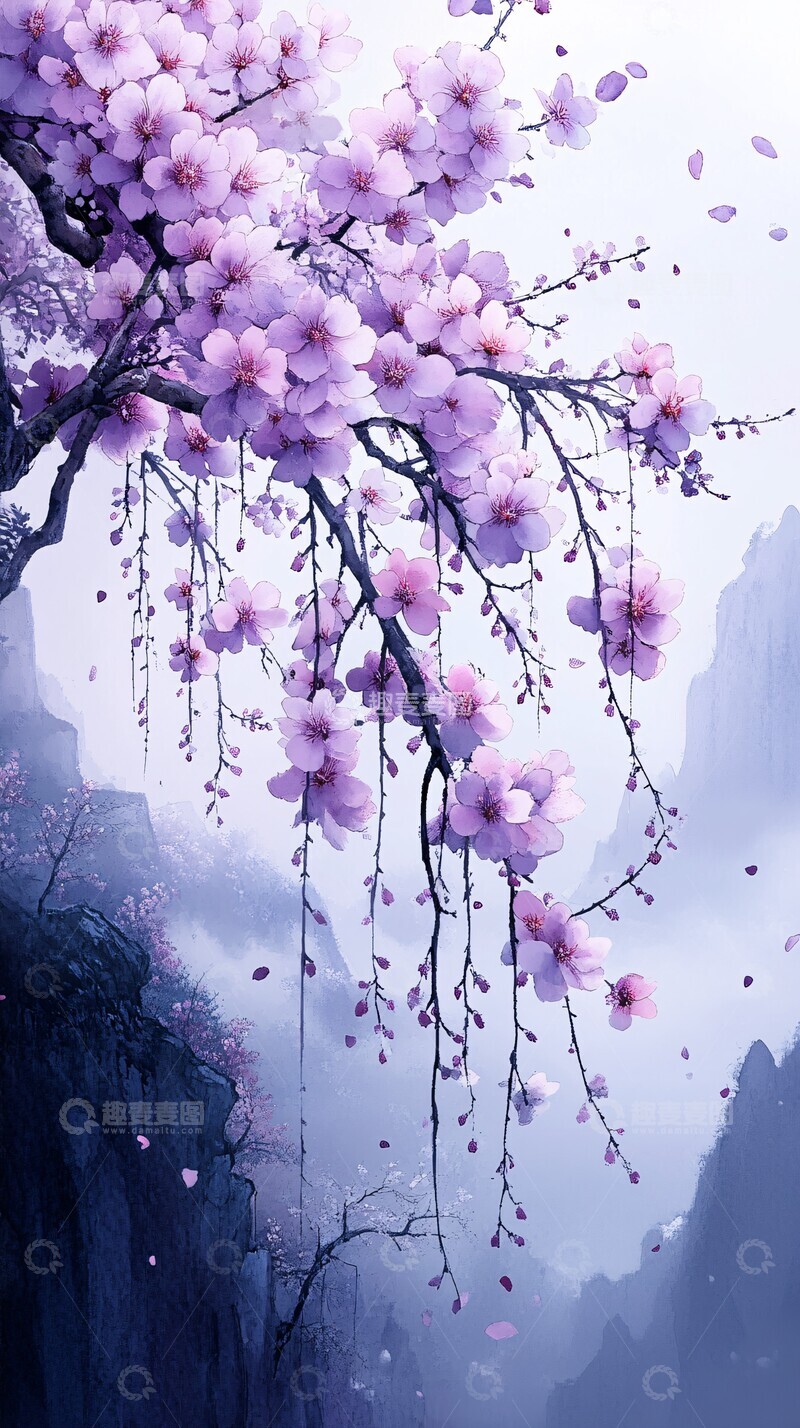 高清大图下载【趣麦麦图】紫藤垂柳图垂柳水彩蓝色1