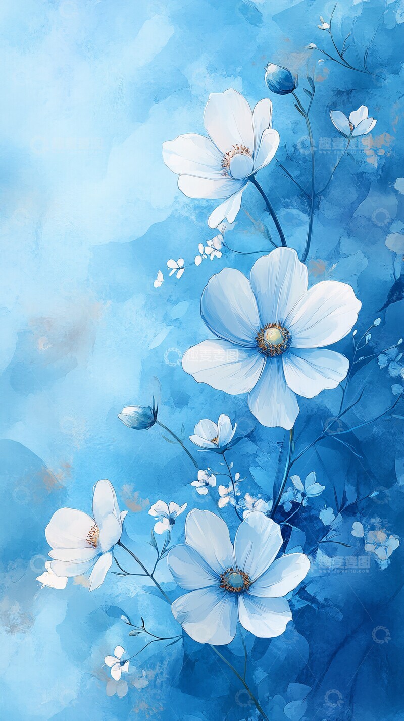 高清大图下载【趣麦麦图】天空蓝白花水彩2