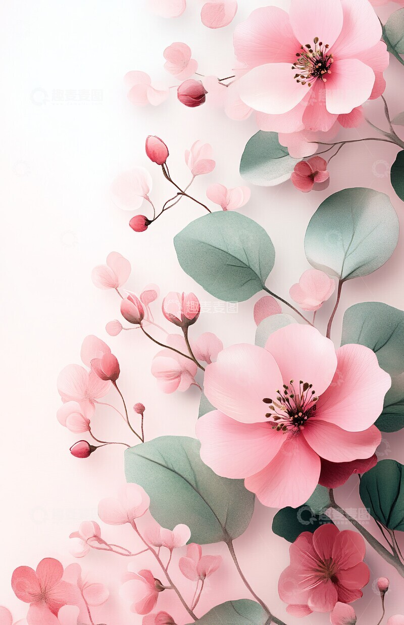 高清大图下载【趣麦麦图】粉色绿叶花卉背景2