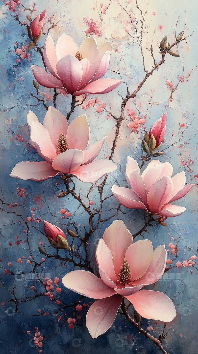 高清大图下载【趣麦麦图】木兰花枝水彩画