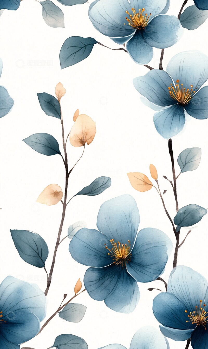 高清大图下载【趣麦麦图】灰绿花卉水彩图案3