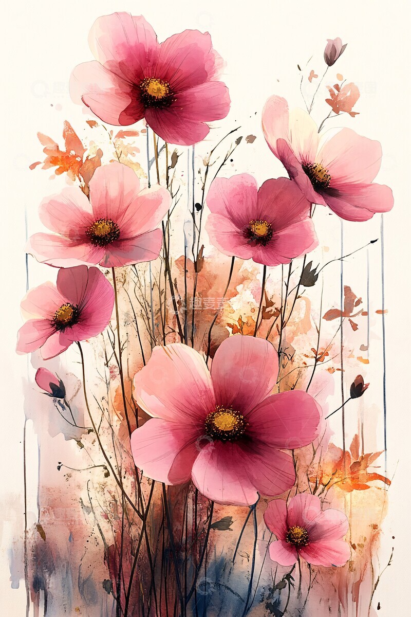 高清大图下载【趣麦麦图】粉白金花卉水彩