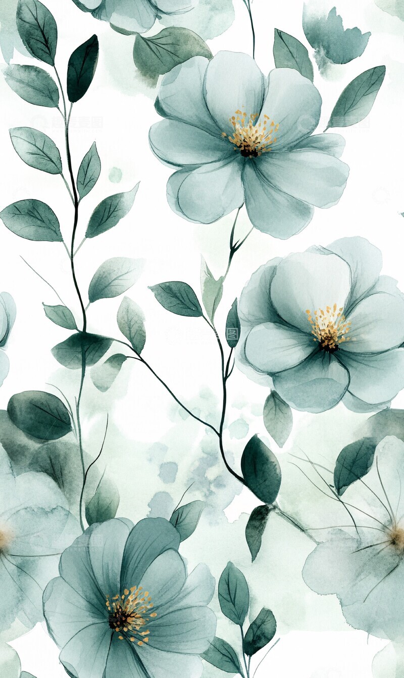 高清大图下载【趣麦麦图】灰绿花卉水彩图案1