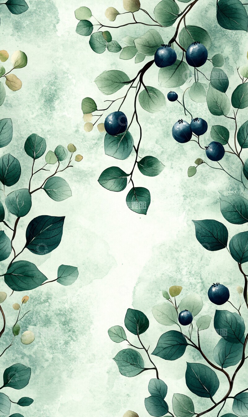 高清大图下载【趣麦麦图】灰绿花卉水彩图案2