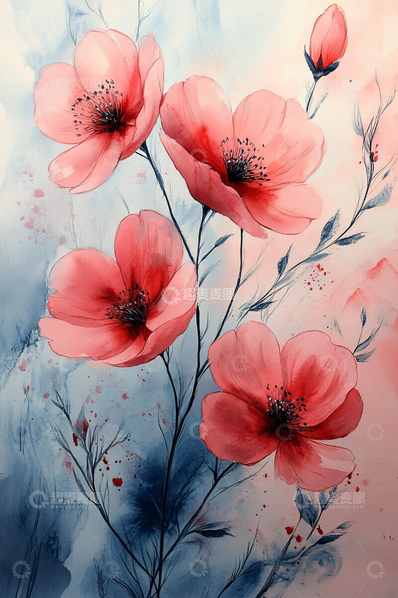 高清大图下载【趣麦麦图】粉色花朵水彩画6