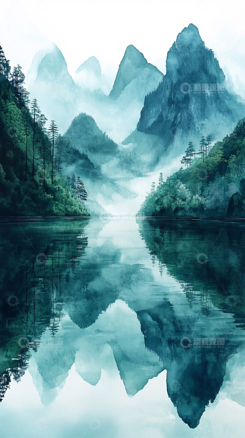 高清大图下载【趣麦麦图】山雾水彩图水彩绿色抽象2