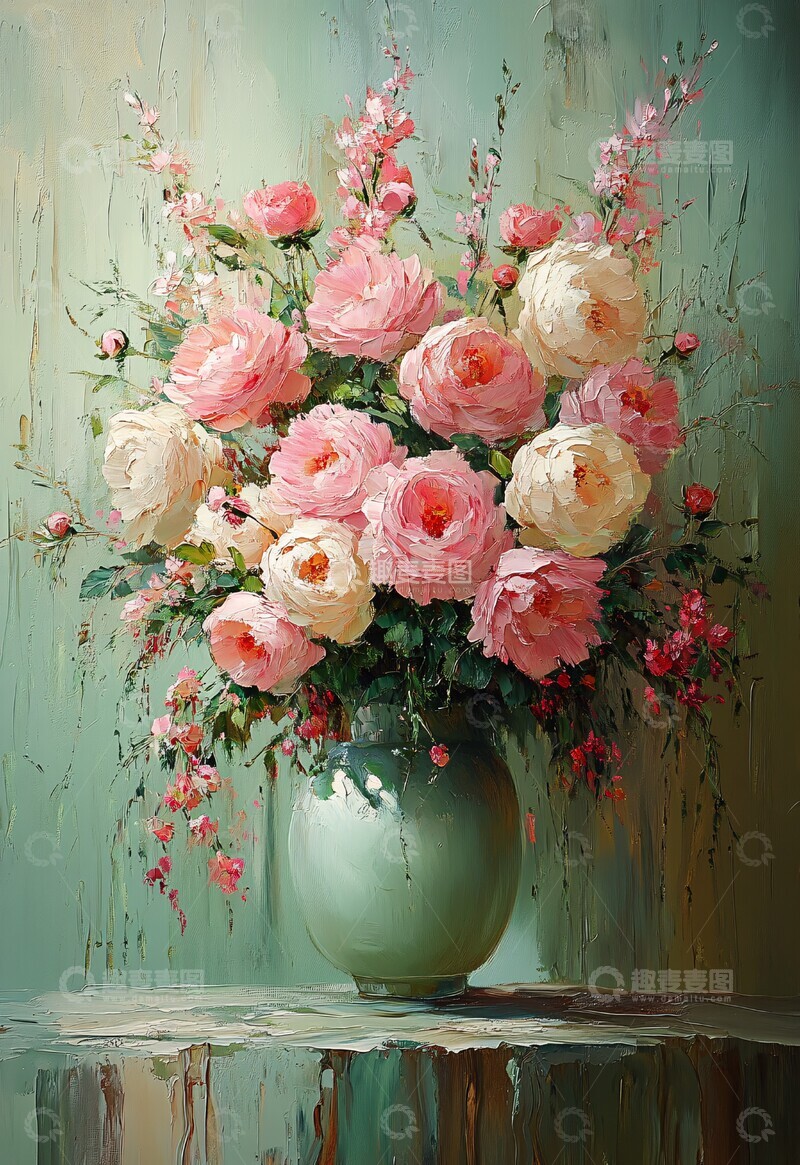 高清大图下载【趣麦麦图】绿粉渐变油画2