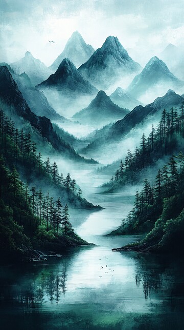 山雾水彩图水彩绿色抽象