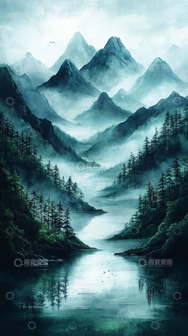 高清大图下载【趣麦麦图】山雾水彩图水彩绿色抽象