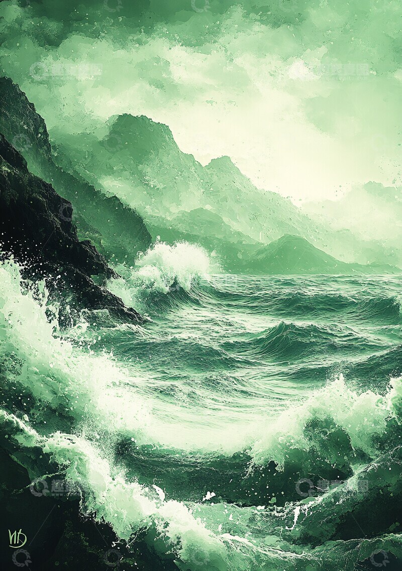 高清大图下载【趣麦麦图】绿色水彩波浪背景1