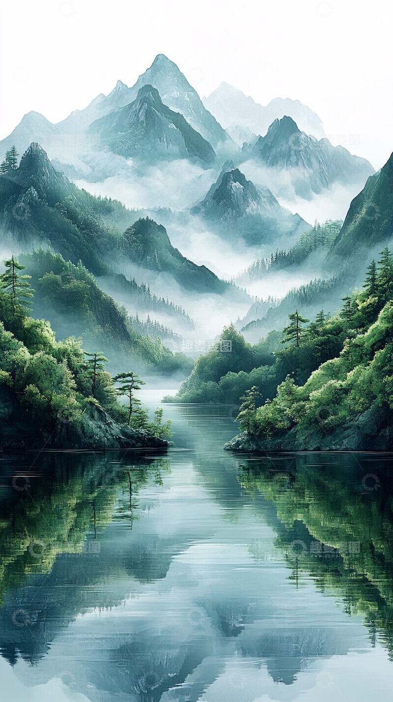 高清大图下载【趣麦麦图】山雾水彩图水彩绿色抽象1