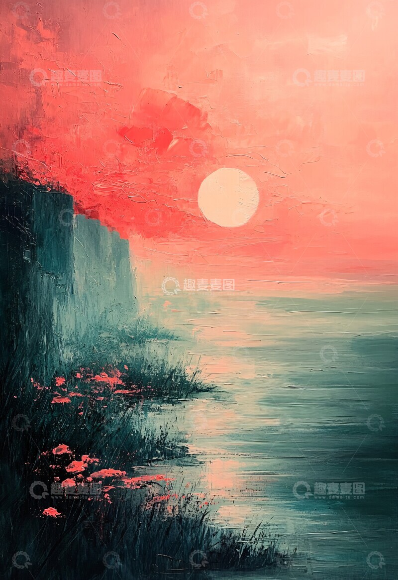 高清大图下载【趣麦麦图】绿粉渐变油画1