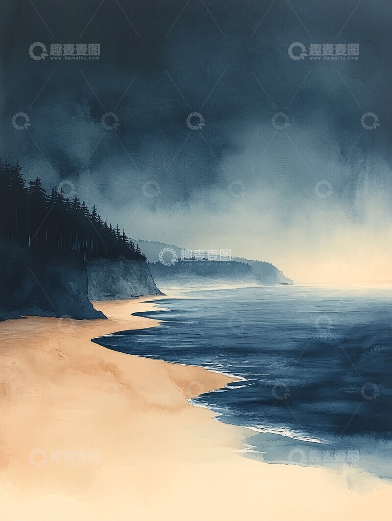 高清大图下载【趣麦麦图】远海岸线水彩白色奶油2