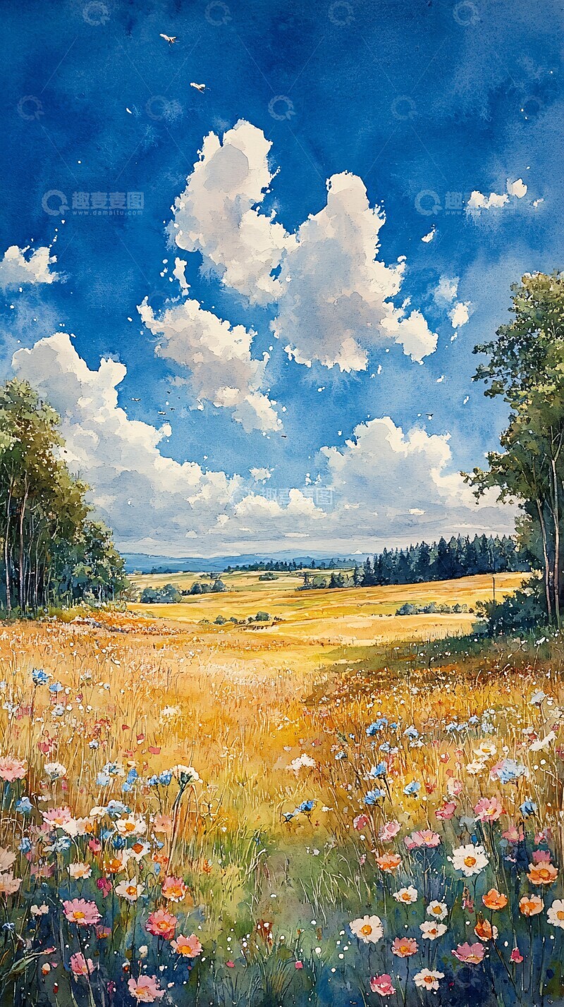 高清大图下载【趣麦麦图】天空远山水彩画1