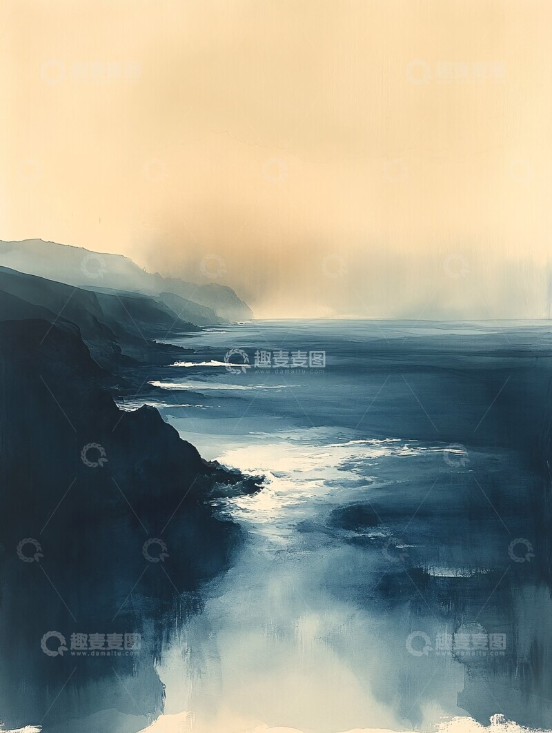 高清大图下载【趣麦麦图】远海岸线水彩白色奶油1