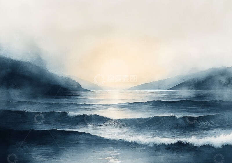 高清大图下载【趣麦麦图】灰浪沙滩海滩波浪水彩2