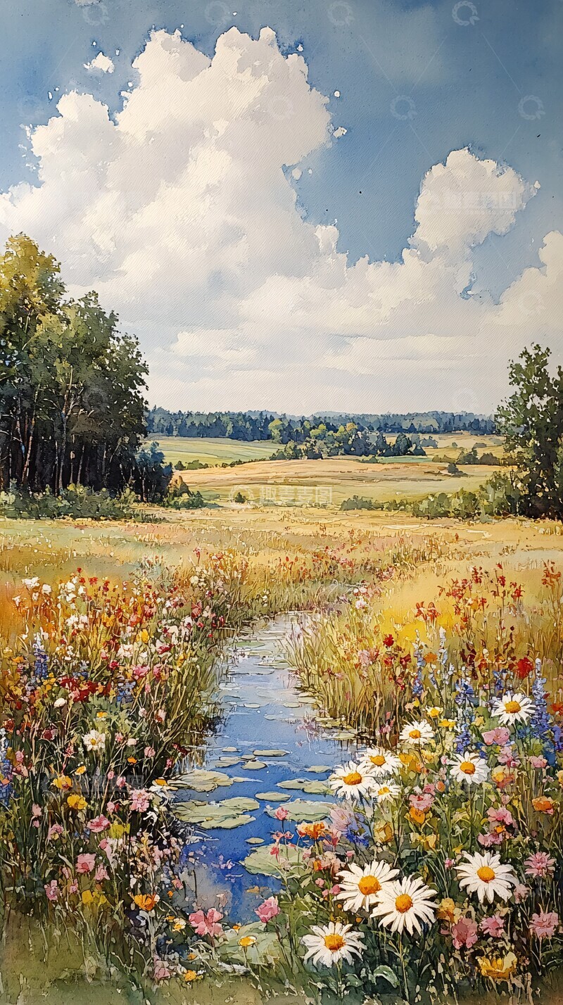 高清大图下载【趣麦麦图】天空远山水彩画2