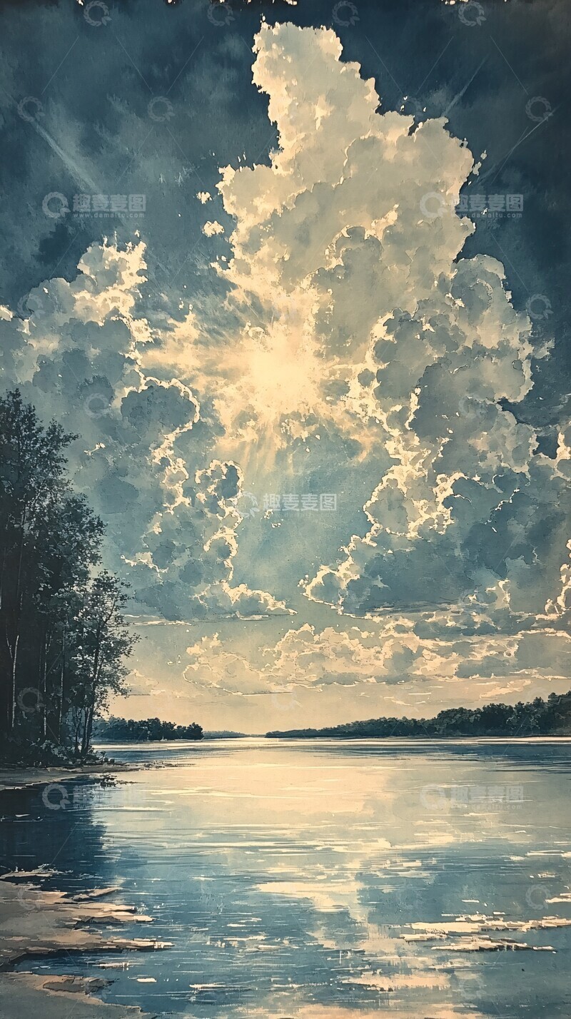 高清大图下载【趣麦麦图】天空远山水彩画3