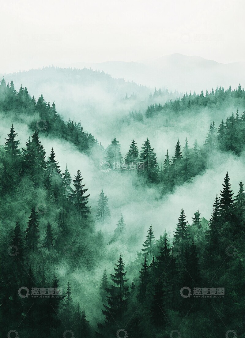 高清大图下载【趣麦麦图】-翠绿水墨海天3