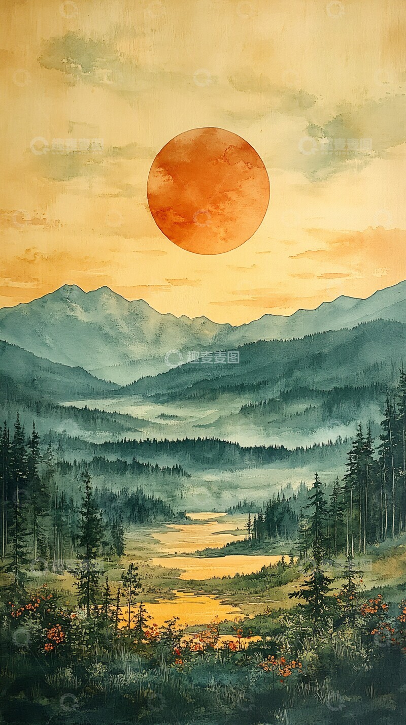 高清大图下载【趣麦麦图】天空远山水彩画