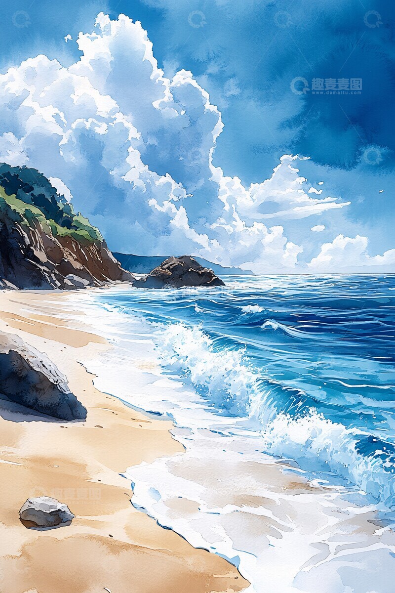 高清大图下载【趣麦麦图】海天一色沙滩风景水彩3