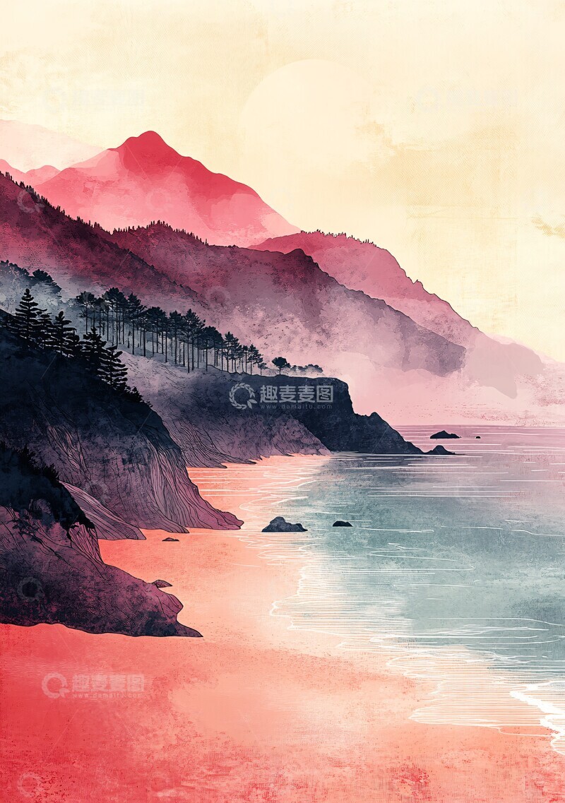 高清大图下载【趣麦麦图】粉色绿色海滩