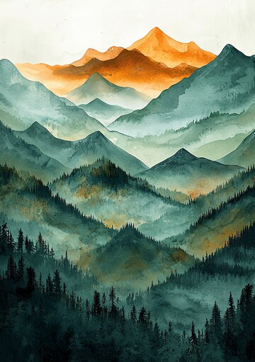 层叠山峦水彩画