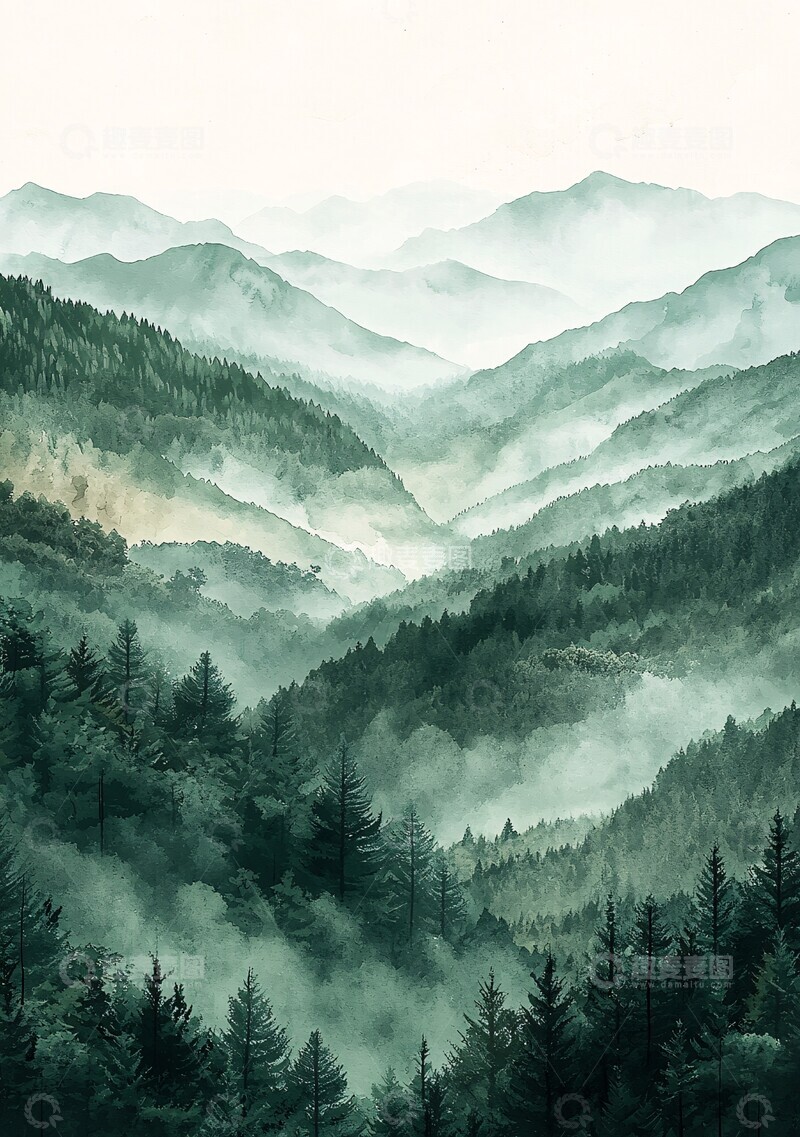 高清大图下载【趣麦麦图】层叠山峦水彩画3