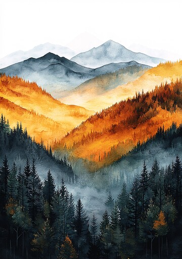 层叠山峦水彩画2