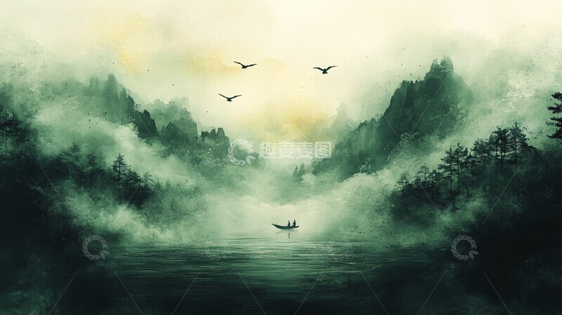 高清大图下载【趣麦麦图】绿色云烟海上行1