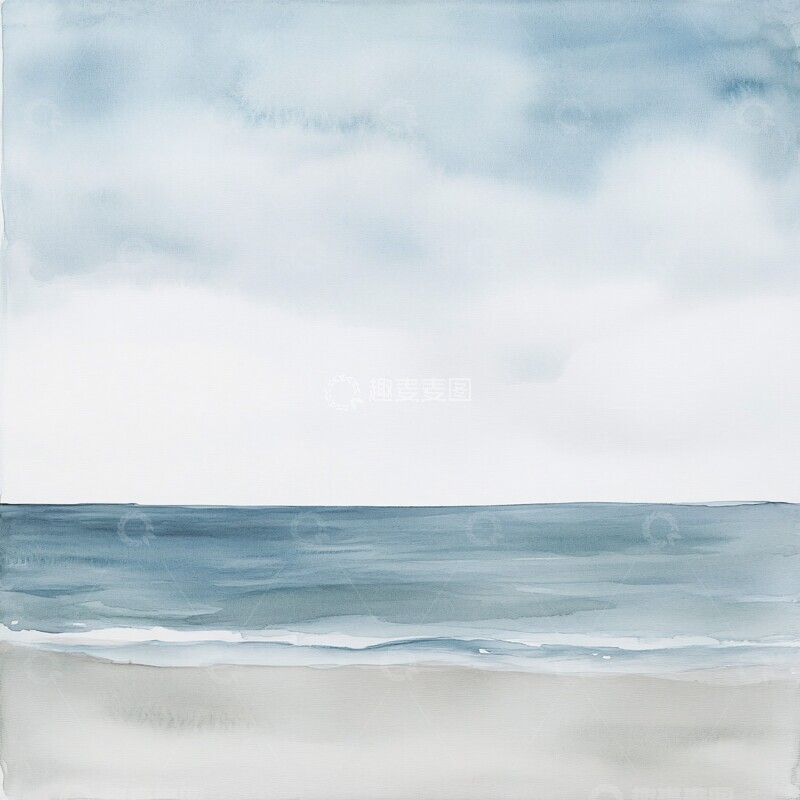 高清大图下载【趣麦麦图】空旷海滩水彩画2