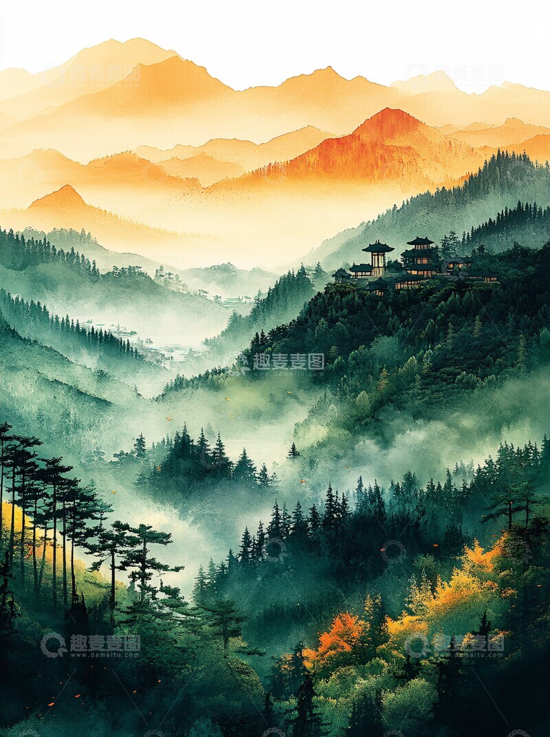 高清大图下载【趣麦麦图】山水画卷轻绿黄