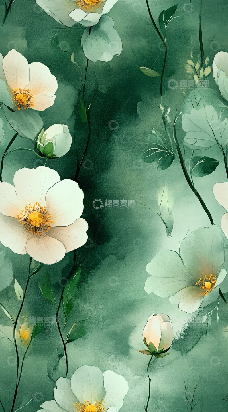 高清大图下载【趣麦麦图】绿白水彩花卉2