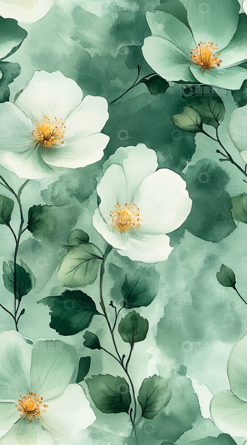 高清大图下载【趣麦麦图】绿白水彩花卉1