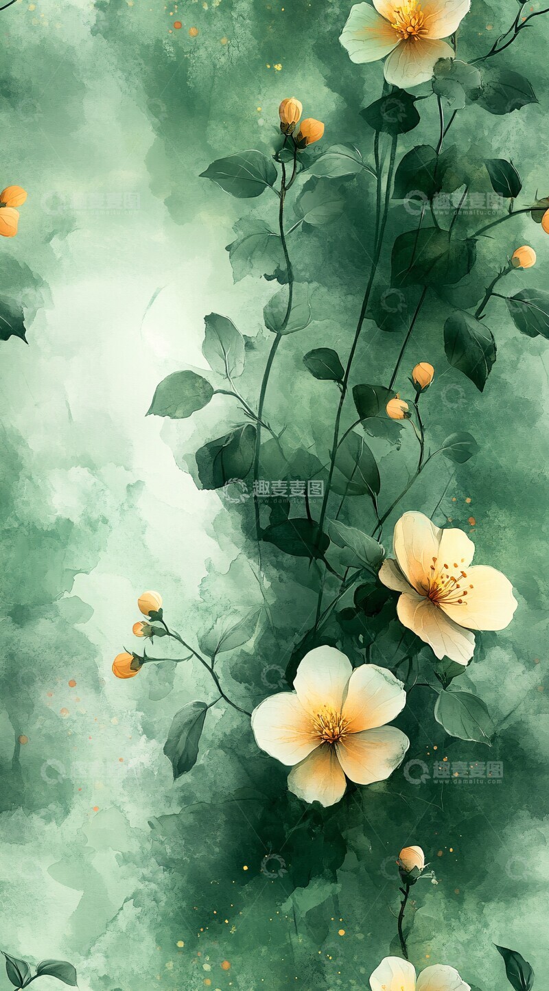 高清大图下载【趣麦麦图】绿白水彩花卉