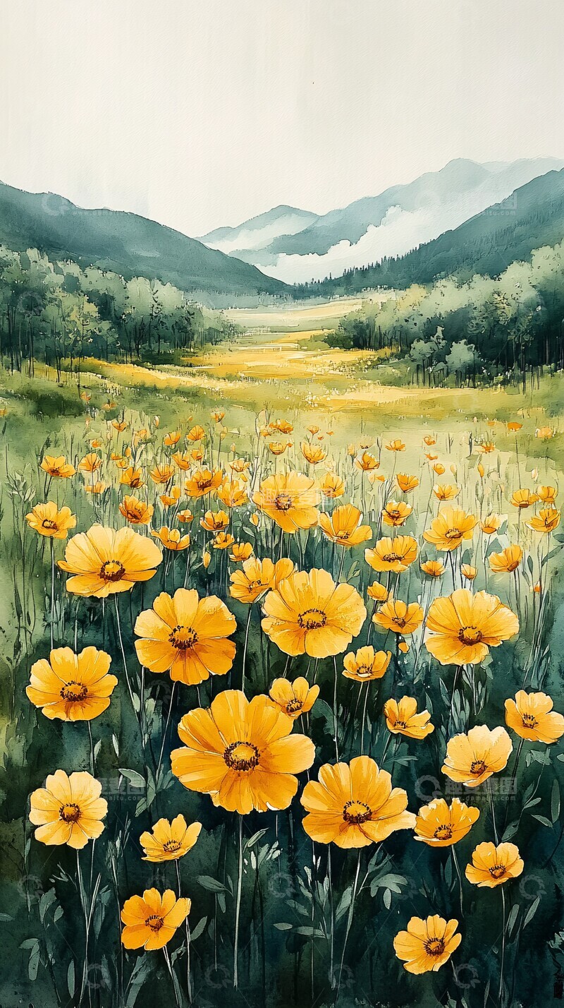 高清大图下载【趣麦麦图】春草云雾水彩图