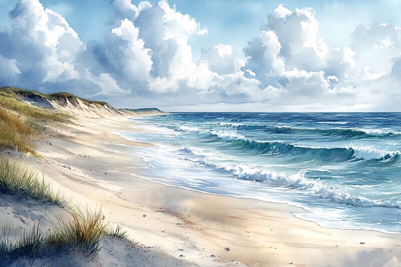 高清大图下载【趣麦麦图】海滩风景水彩画6