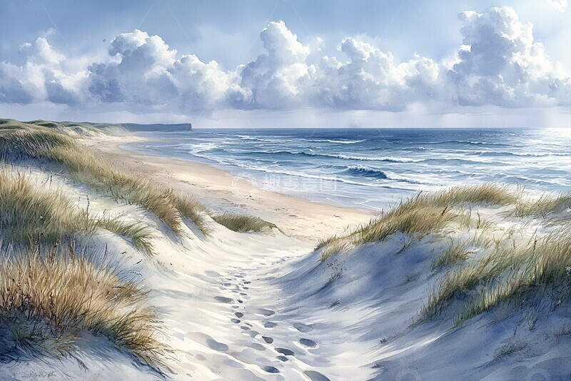 高清大图下载【趣麦麦图】海滩风景水彩画5